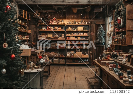 A Rustic Shop Interior with Christmas Decorations and Wooden Shelves Filled with Items A Rustic Shop Interior with Christmas Decorations and Wooden Shelves Filled with Items 118208542