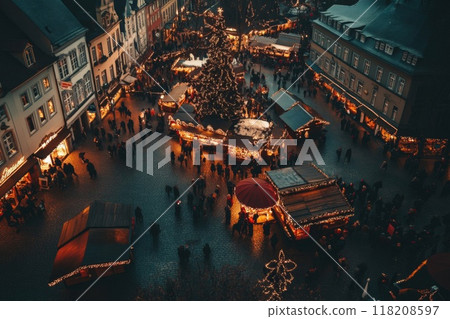Aerial View of a European Christmas Market at Night Aerial View of a European Christmas Market at Night 118208597