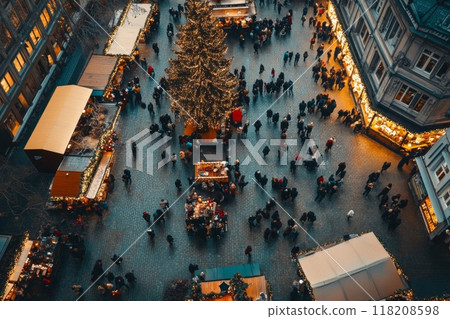 Aerial View of a Christmas Market with a Decorated Tree Aerial View of a Christmas Market with a Decorated Tree 118208598