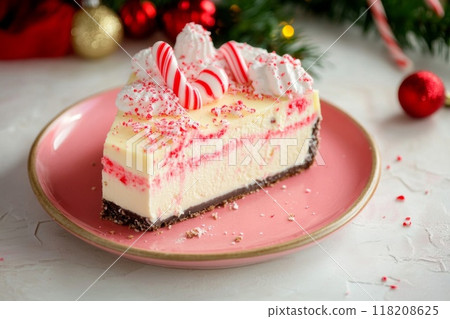Peppermint Cheesecake Slice with Whipped Cream and Candy Cane Garnish Peppermint Cheesecake Slice with Whipped Cream and Candy Cane Garnish 118208625