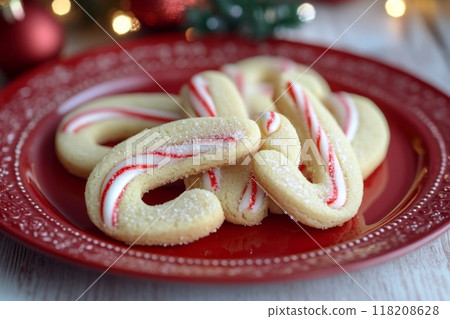Close-up of Candy Cane-Shaped Sugar Cookies on a Red Plate Close-up of Candy Cane-Shaped Sugar Cookies on a Red Plate 118208628