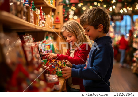 Two Children Choosing Toys From Christmas Market Stall 118208642