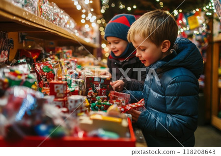 Two Boys Choosing Christmas Gifts at a Market Stall 118208643