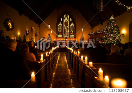 Candlelit Christmas Eve Service in a Church 118208687