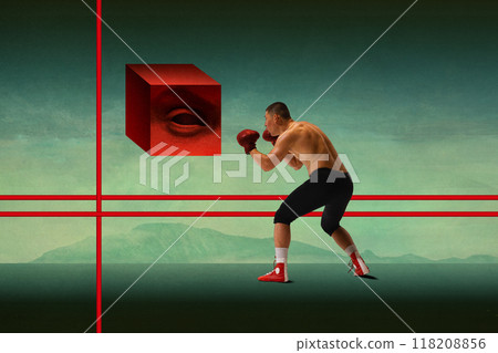Man, boxer fighting with mysterious red cube with watching eye, blending tension and focus with surreal elements. Contemporary art collage. Man, boxer fighting with mysterious red cube with watching eye, blending tension and focus with surreal elements. Contemporary art collage. 118208856