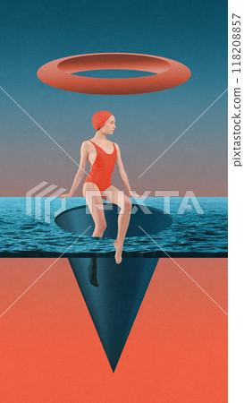 Woman in retro swimsuit and can sitting on abstract pool of geometric shapes, balancing between water and air. Contemporary art collage. Woman in retro swimsuit and can sitting on abstract pool of geometric shapes, balancing between water and air. Contemporary art collage. 118208857