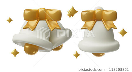 White jingle bells with a gold bows and sparkles 3d vector Christmas elements set White jingle bells with a gold bows and sparkles 3d vector Christmas elements set 118208861