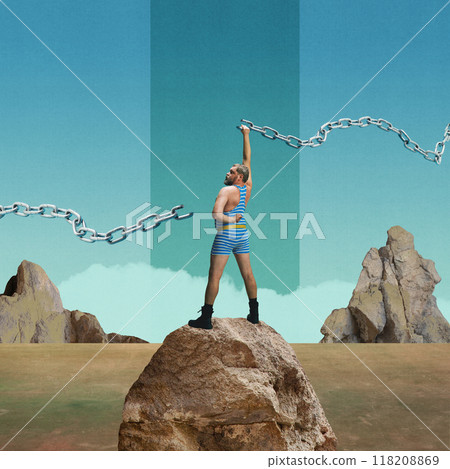 Strongman standing on rock and breaking surreal chains against rocky landscape. Contemporary art collage. Strongman standing on rock and breaking surreal chains against rocky landscape. Contemporary art collage. 118208869