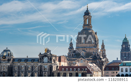 Huge dome of Frauenkirche Lutheran Church of Our Lady dominating the skyline of Dresden, Saxony, Germany 118208911