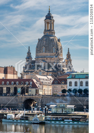Huge dome of Frauenkirche Lutheran Church of Our Lady dominating the skyline of Dresden, Saxony, Germany 118208934