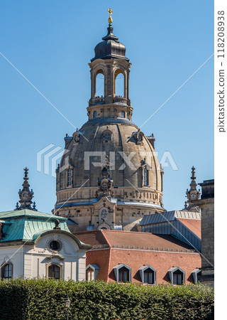 Huge dome of Frauenkirche Lutheran Church of Our Lady dominating the skyline of Dresden, Saxony, Germany 118208938