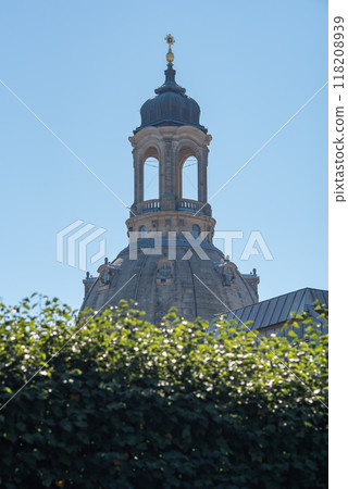 Huge dome of Frauenkirche Lutheran Church of Our Lady dominating the skyline of Dresden, Saxony, Germany 118208939