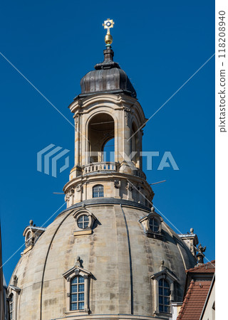 Huge dome of Frauenkirche Lutheran Church of Our Lady dominating the skyline of Dresden, Saxony, Germany 118208940