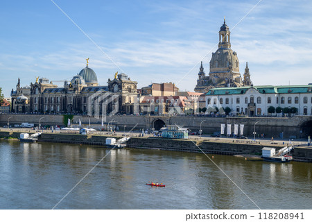 Huge dome of Frauenkirche Lutheran Church of Our Lady dominating the skyline of Dresden, Saxony, Germany 118208941