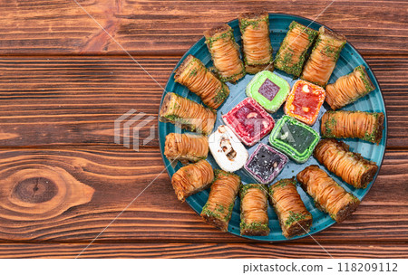 Turkish delight candy with arabic baklava . Rahat lokum photography 118209112
