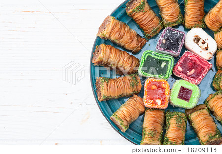 Turkish delight candy with arabic baklava . Rahat lokum photography 118209113