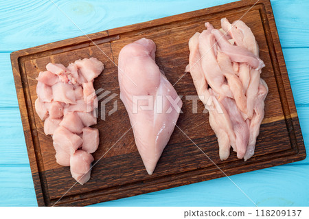 Raw chicken meat fillet ( breast ) Various of cutting in form slice and cube 118209137