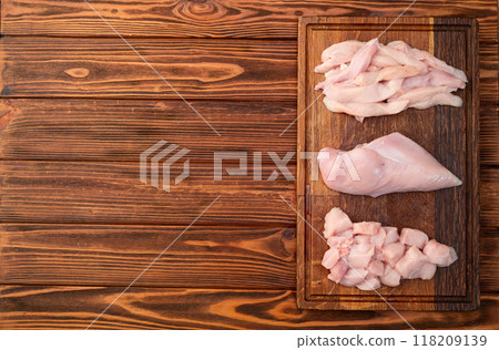 Raw chicken meat fillet ( breast ) Various of cutting in form slice and cube 118209139