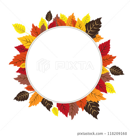 Vector isolated round frame of yellow dry autumn leaves. Border for text. Flat clipart for design 118209168