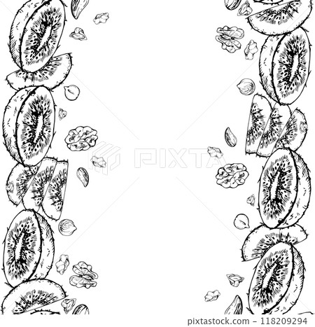 Green kiwi and nut mix, walnut almond diet and healthy lifestyle, vegan cooking. Hand drawn vector ink. Illustration border frame isolated on white background. Design recipe book, website, card, menu Green kiwi and nut mix, walnut almond diet and healthy lifestyle, vegan cooking. Hand drawn vector ink. Illustration border frame isolated on white background. Design recipe book, website, card, menu 118209294