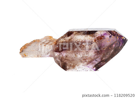 macro mineral stone Amethyst on smoky quartz on a white background macro mineral stone Amethyst on smoky quartz on a white background 118209520