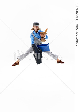 Mid-leap with joyful expression, woman clutches her bags and baguette against white background, blend of shopping and everyday errands. Mid-leap with joyful expression, woman clutches her bags and baguette against white background, blend of shopping and everyday errands. 118209719