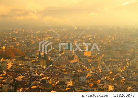 Florence, Tuscany, Italy: View of the historic center and synagogue in the morning mist from the cupola of the Duomo, a World Heritage Site Florence, Tuscany, Italy: View of the historic center and synagogue in the morning mist from the cupola of the Duomo, a World Heritage Site 118209873