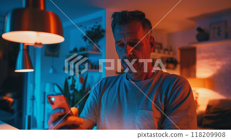 A middle-aged man is standing in modern apartment, focusing on his smartphone. He appears thoughtful and serious 118209908