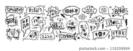 Hand drawn doodle comic speech bubbles with swearwords, curses, insults, censored, angry words Hand drawn doodle comic speech bubbles with swearwords, curses, insults, censored, angry words 118209984