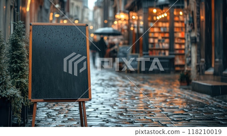 Black blank sandwich board on a cobblestone street during light rain, placed near a charming bookstore with warm lights. Empty sandwich board 118210019