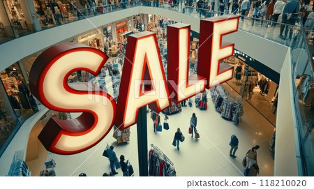 Realistic 3D SALE letters in a busy mall, with people shopping and carrying bags, perfect for engaging Black Friday sale visuals. Black friday 118210020