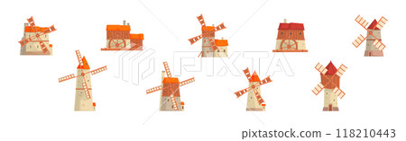 Windmill as Farm Construction for Grinding Flour Vector Set Windmill as Farm Construction for Grinding Flour Vector Set 118210443