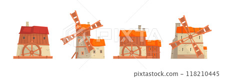 Windmill as Farm Construction for Grinding Flour Vector Set 118210445