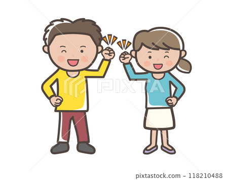 Full-body illustration of a motivated young couple doing a fist pump 118210488