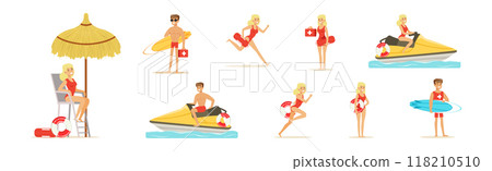 Beach Rescue Man and Woman Character Performing Duties Vector Set 118210510