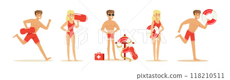 Beach Rescue Man and Woman Character Performing Duties Vector Set 118210511