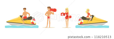 Beach Rescue Man and Woman Character Performing Duties Vector Set Beach Rescue Man and Woman Character Performing Duties Vector Set 118210513