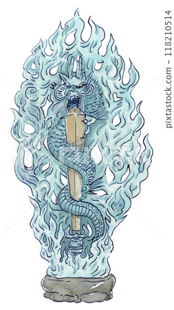手繪水彩龍圖:與劍(Kurikara劍)纏繞的龍的形象/龍王是不動明王的化身 手繪水彩龍圖:與劍(Kurikara劍)纏繞的龍的形象/龍王是不動明王的化身 118210514