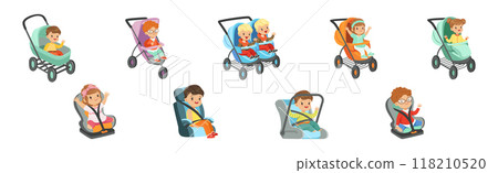 Little Baby Kid Sit in Carriage or Pram and Car Seat Vector Set Little Baby Kid Sit in Carriage or Pram and Car Seat Vector Set 118210520
