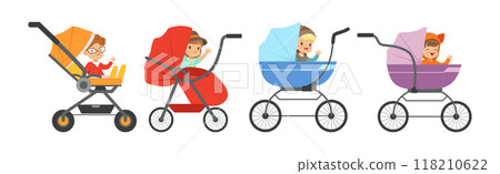 Little Baby Kid Sit in Carriage or Pram Seat Vector Set Little Baby Kid Sit in Carriage or Pram Seat Vector Set 118210622