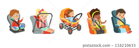 Little Baby Kid Sit in Carriage or Pram and Car Seat Vector Set Little Baby Kid Sit in Carriage or Pram and Car Seat Vector Set 118210633