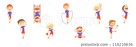 Little Boy Do Sport and Physical Activity Vector Set Little Boy Do Sport and Physical Activity Vector Set 118210636