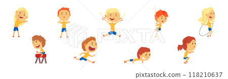 Little Boy and Girl Do Sport and Physical Activity Vector Set Little Boy and Girl Do Sport and Physical Activity Vector Set 118210637
