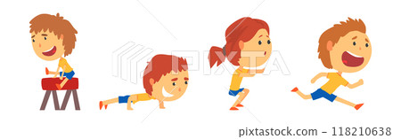 Little Boy and Girl Do Sport and Physical Activity Vector Set 118210638