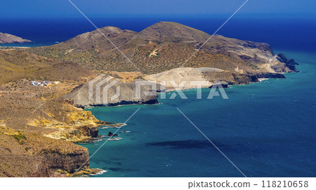 Panoramic View from Vela Blanca Volcanic Dome, Cabo de Gata-Nijar Natural Park, Spain Panoramic View from Vela Blanca Volcanic Dome, Cabo de Gata-Nijar Natural Park, Spain 118210658