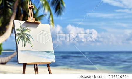 Displaying a blank canvas on a tropical beach, a wooden easel provides space for your text or image, ideal for summer promotions 118210724