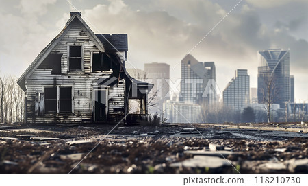 Abandoned, dilapidated house stands in stark contrast to the modern city skyline in the background 118210730