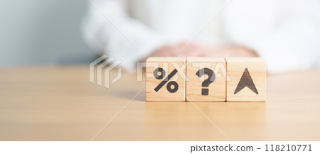 wood block of Question mark with percentage change to UP and Down arrow. Interest rate, GDP, stocks market, financial, deflation and Inflation, ranking, mortgage, debt, Loan and Economic Recession wood block of Question mark with percentage change to UP and Down arrow. Interest rate, GDP, stocks market, financial, deflation and Inflation, ranking, mortgage, debt, Loan and Economic Recession 118210771