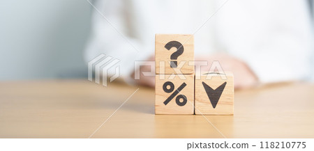 wood block of Question mark with percentage change to UP and Down arrow. Interest rate, GDP, stocks market, financial, deflation and Inflation, ranking, mortgage, debt, Loan and Economic Recession wood block of Question mark with percentage change to UP and Down arrow. Interest rate, GDP, stocks market, financial, deflation and Inflation, ranking, mortgage, debt, Loan and Economic Recession 118210775