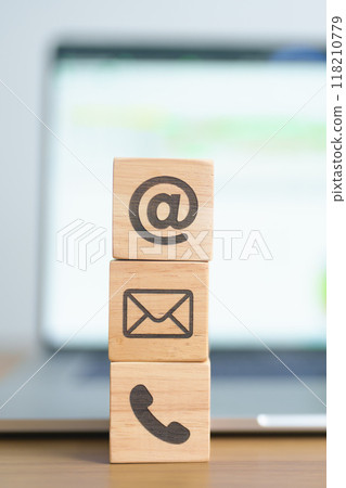 Contact Us concepts. Wood block of Email, call Phone and Website Address sign. For Customer support hotline, business Marketing, Corporate, communication and Advertising 118210779